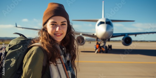 A happy young girl with a backpack behind her is standing at the airport near the plane. Generative AI.