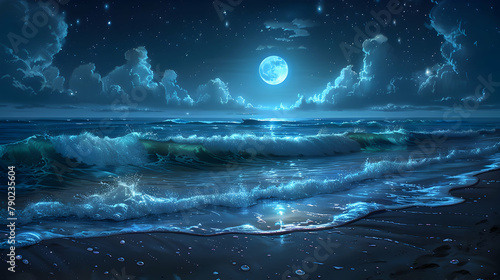 A moonlit beach with waves gently lapping at the shore, the light of the moon creating a pathway across the water