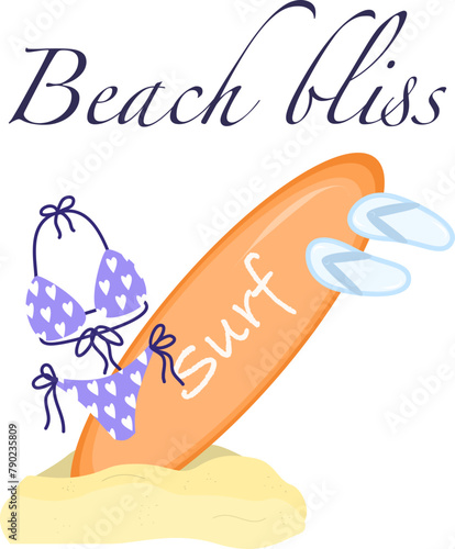 Postcard Cartoon summer elements, travel, beach, summertime accessory. Surf desk, swimsuit and slippers vector illustration set. Palm and serfing board. Umbrella and sunglasses
