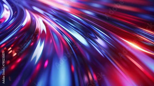 Abstract background blue and red gradient, curved lines of light, a shiny chrome texture.