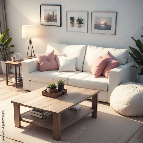 A cozy living room with a white sofa, pink cushions, wooden coffee table, and decorative plants. Artwork and photos decorate the walls.