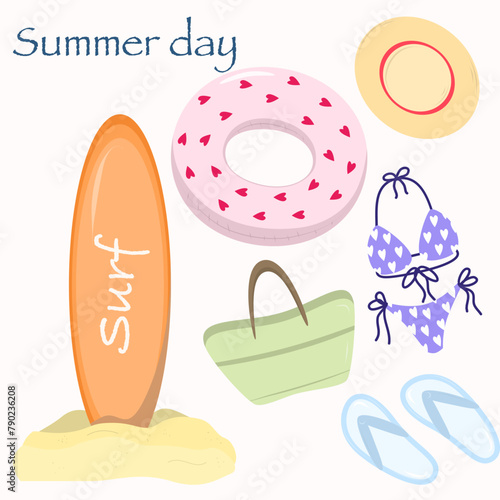 Set of Cartoon summer elements, travel, beach, summertime accessory. Surf desk, swimming circle, slippers, swimsuit, bag and hat vector illustration set. Palm and serfing board. Umbrella and