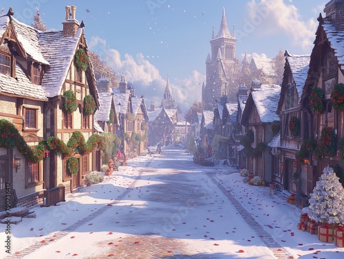A snowy street with houses on either side. The houses are decorated with Christmas decorations. The street is empty and quiet