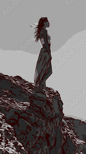 A woman stands at the edge of a towering cliff overlooking a deep fjord, enveloped by the grandeur of misty mountains and serene waters below.