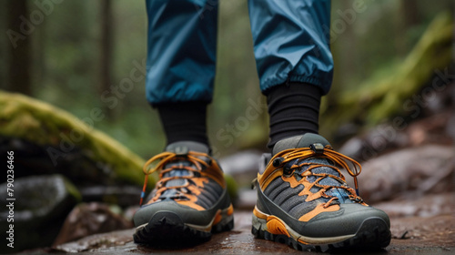 Modern waterproof hiking shoes, close up.