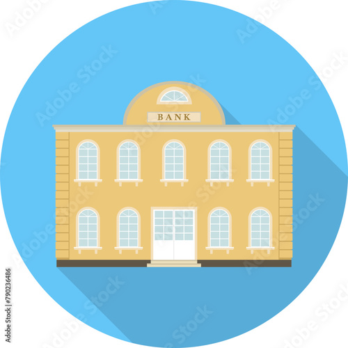 Bank building, retro bank facade isolated on blue background with shadow. Vector, cartoon illustration.