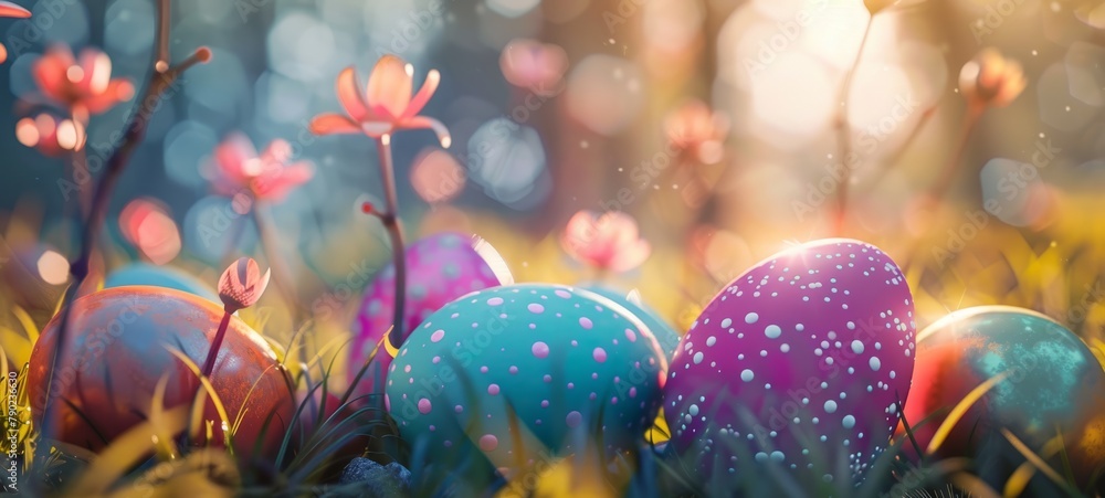 Colorful hand painted Easter eggs in the grass on a sunny spring day. Easter decoration, banner, panorama, background with copy space for text. Happy Easter.