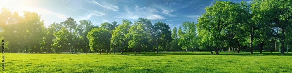 Trees Field. Summer Park Landscape with Green Meadow and Trees under Blue Sky