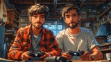 Cartoon son and father playing video games, competitive fun, cozy den background