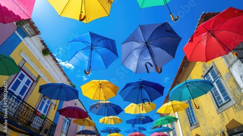 Colorful Travel. Abstract Colourful Umbrella Street Decoration in Aveiro, Portugal photo