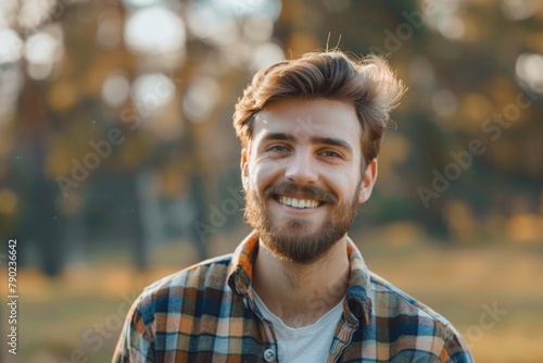 Young Person Smiling Outside. Happy Bearded Man Standing Outdoors with Cheerful Expression