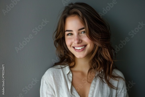 Happy Business Woman. Portrait of Young Beautiful Woman Smiling and Looking in Camera