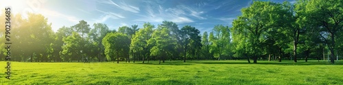 Trees Field. Summer Park Landscape with Green Meadow and Trees under Blue Sky