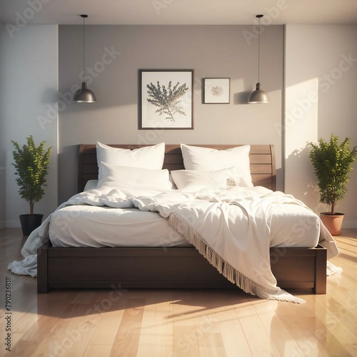 Modern bedroom interior with a neatly made bed, wooden furniture, hanging pendant lights, and decorative plants.