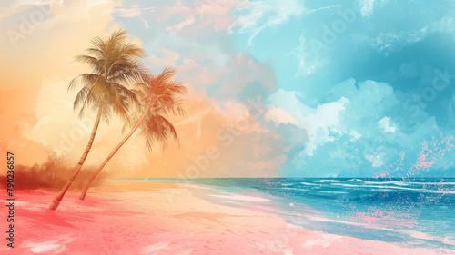 A painting of a beach with a palm tree and a blue sky
