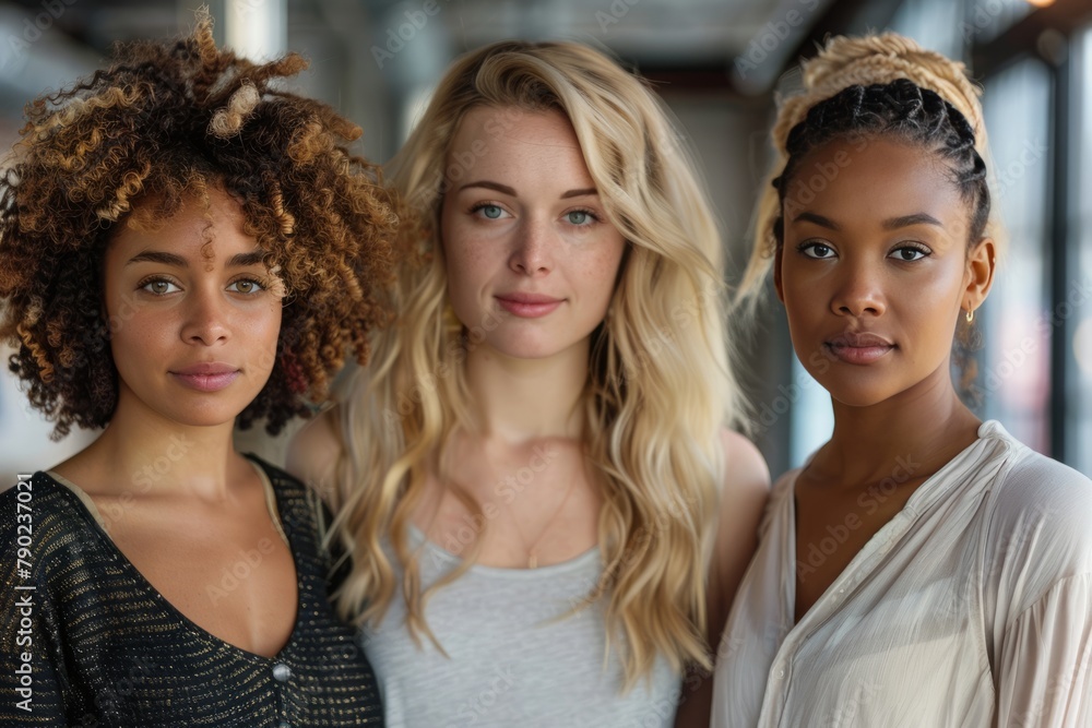 Close-up portrait of three young multiethnic female models standing together. Charming sexy girls with different hair colors and skin types. Women's beauty, body care and diversity. Close-up portrait of three young multiethnic female models standing together. Charming sexy girls with different hair colors and skin types. Women's beauty, body care and diversity.
