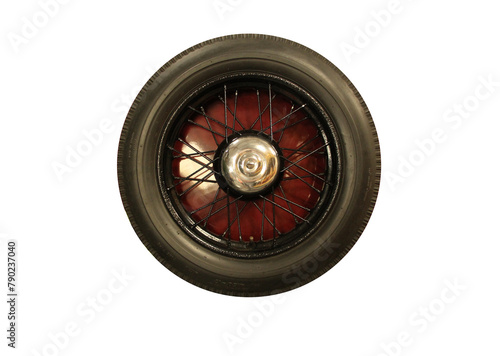 old motor auto wheel, spokes, isolated, with tyre 