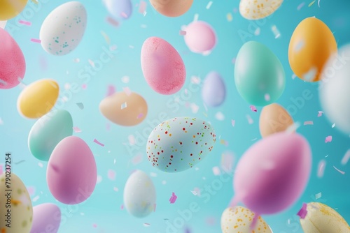 Colorful hand painted Easter eggs floating in the air on turquoise pastel background. Easter decoration, banner, panorama, background with copy space for text. Happy Easter. © Georgii