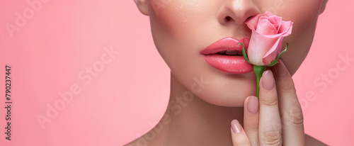 Close up portrait of beautiful woman with perfect clean fresh skin and rose flower near face on pink background  beauty concept