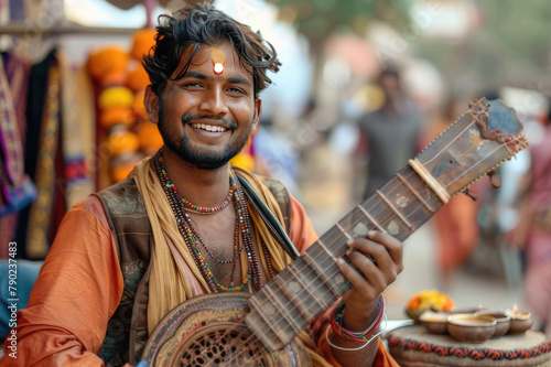 person playing guitar. close-up portrait of a happy young Hindu street musician on Diwali