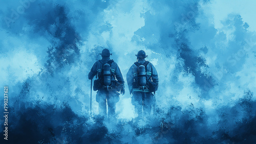 Two men in blue uniforms are walking through a foggy, misty forest