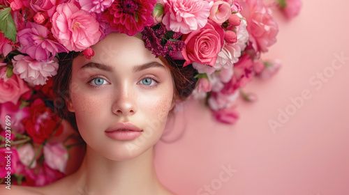 A radiant young woman adorned with a vibrant flower crown  embodying the essence of strength  beauty  and grace  celebrates International Women s Day  copy space.