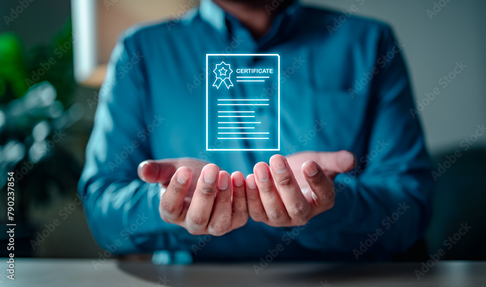 document, know, knowledge, learn, services, touch, information, education, social, analysis. A man is holding a certificate in his hands. The certificate is glowing and he is a digital version. document, know, knowledge, learn, services, touch, information, education, social, analysis. A man is holding a certificate in his hands. The certificate is glowing and he is a digital version.