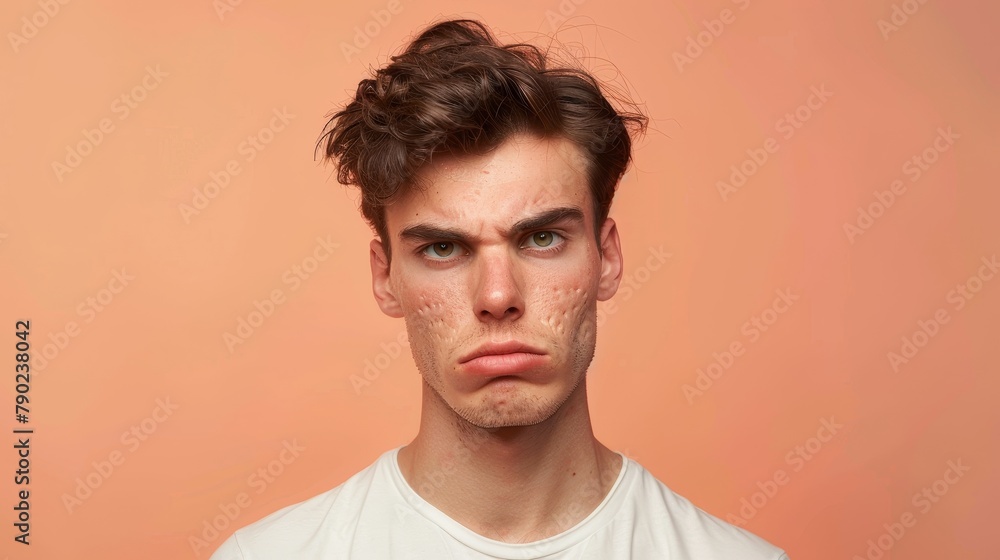 Portrait of a young man with a frustrated expression, displaying acne holes on his face, against a peach background. Portrait of a young man with a frustrated expression, displaying acne holes on his face, against a peach background.