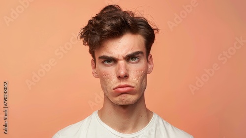 Portrait of a young man with a frustrated expression, displaying acne holes on his face, against a peach background. © Moopingz