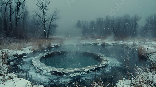 A secluded hot spring in a snowy landscape, steam rising from the warm water while snowflakes gently fall around