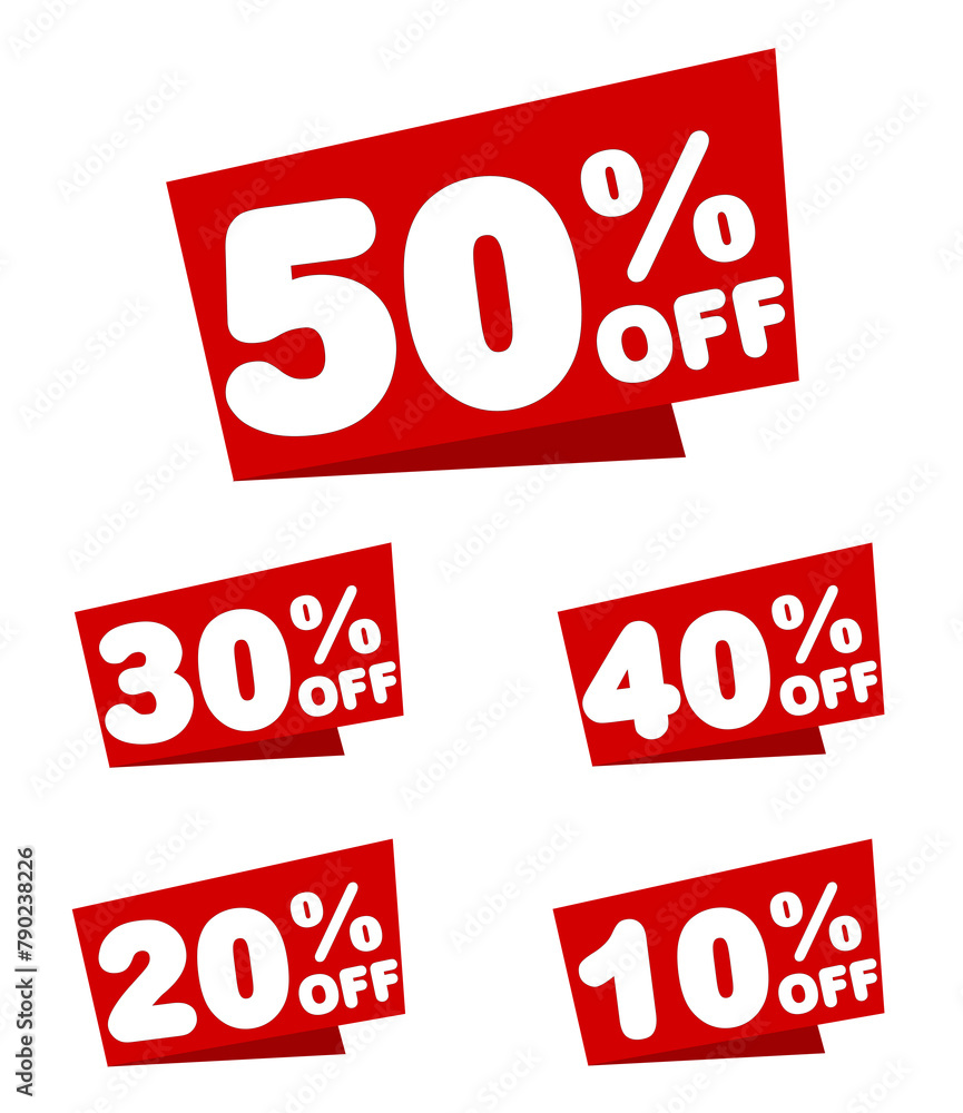 Discounts numbers of percent sign in red and white colors isolated on white background, from 10% to 50% discounts. Discounts numbers of percent sign in red and white colors isolated on white background, from 10% to 50% discounts.