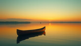 A canoe sits in a lake at sunset