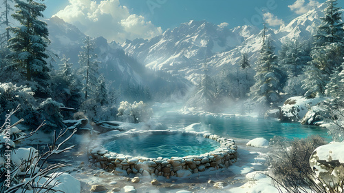 A secluded hot spring in a snowy landscape, steam rising from the warm water while snowflakes gently fall around