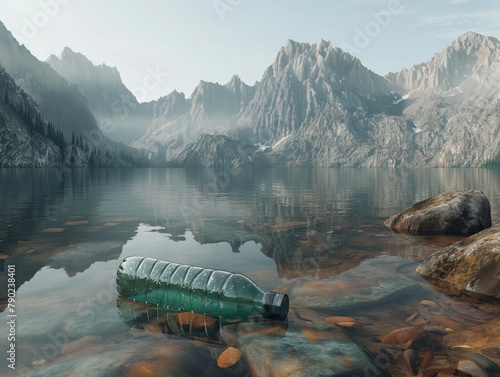 A bottle of water is floating in a lake surrounded by mountains. The bottle is green and he is empty. Concept of solitude and tranquility, as the bottle is the only object in the image photo
