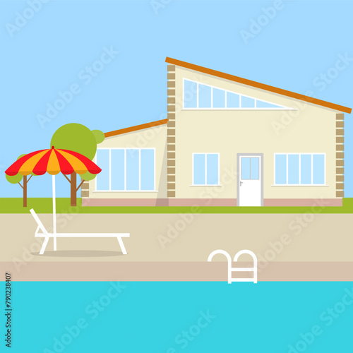 Background image of a swimming pool with a house in the background. Swimming pool near the house. Vector, cartoon illustration.
