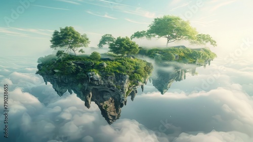 Explore surreal 3D floating islands with lush landscapes on abstract terrains, where dreams come alive. 3d background abstract © cvetikmart