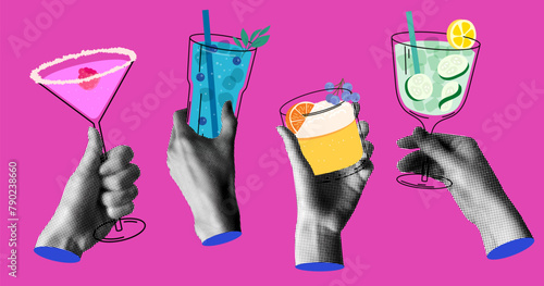 Group people drink summer cocktails. Halftone hands holding alcoholic and non-alcoholic drinks. People celebrate event together. Modern collage. Newspaper elements. 