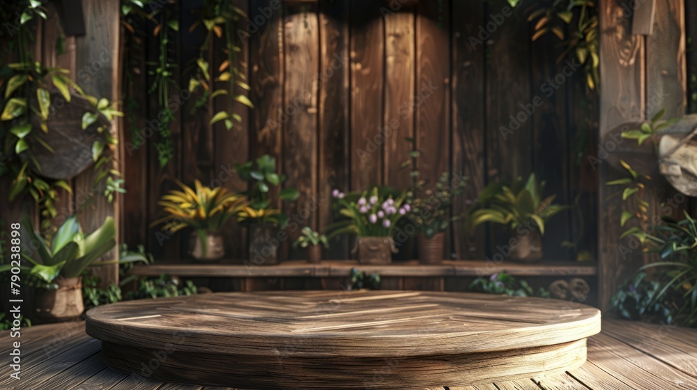 Fototapeta premium Bring a touch of rustic charm to your presentations with a wooden 3D podium in a cozy, warm environment, creating a natural and inviting appeal. 3d background podium