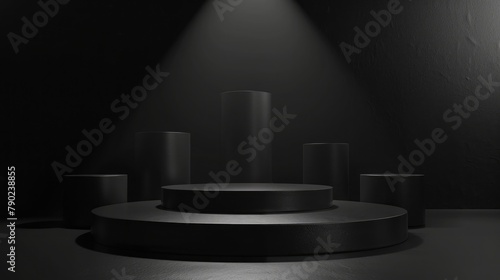 Set the stage for bold presentations with a captivating black 3D podium, bathed in spotlight in a dark, moody setting for impactful displays. 3d background podium