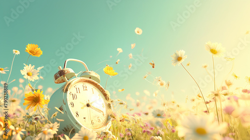 A clock is sitting in a field of flowers