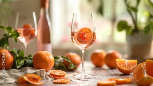 A refreshing glass of ros   wine with a slice of orange  surrounded by fresh oranges on a table  evoking a summer vibe.