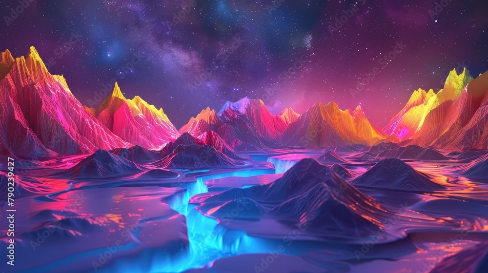 Vibrant 3D scenery featuring neon-hued peaks, glowing waterways, and a starlit backdrop, evoking a surreal atmosphere. 3d backgrounds