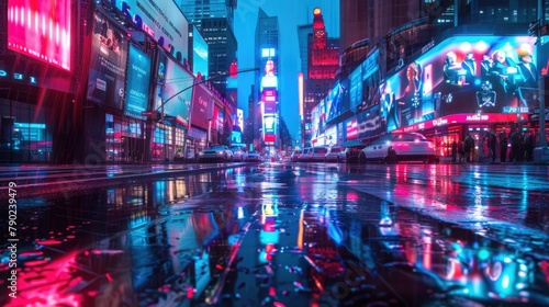 Futuristic city skyline  vibrant neon lights  holographic adverts  mirroring on damp pavement  creating a modern cyberpunk vibe. 3d backgrounds