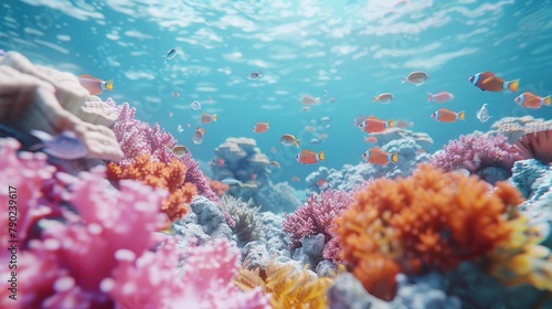 Dynamic 3D underwater display featuring lively coral reefs and elegant fish swimming, illustrating the enchanting beauty and rich biodiversity below the sea. 3d backgrounds