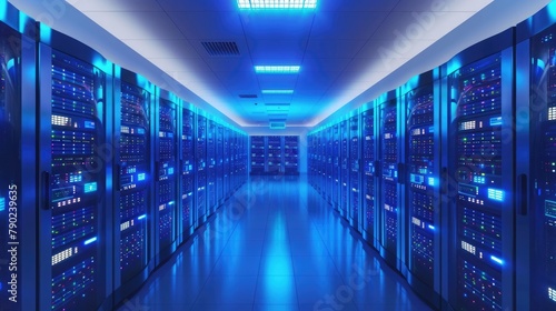 Digital data center: 3D visualization of a high-tech server room with rows of servers and glowing blue lights, portraying the backbone of information technology. 3d backgrounds photo