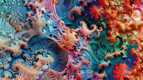 Mesmerizing fractal intricacies: 3D patterns with infinite details in a vibrant color spectrum, hinting at intricate complexity and organized chaos. Abstract 3d background © cvetikmart