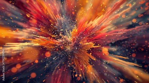 Spectacular explosion of particles and shards in dynamic motion. Abstract 3d background photo