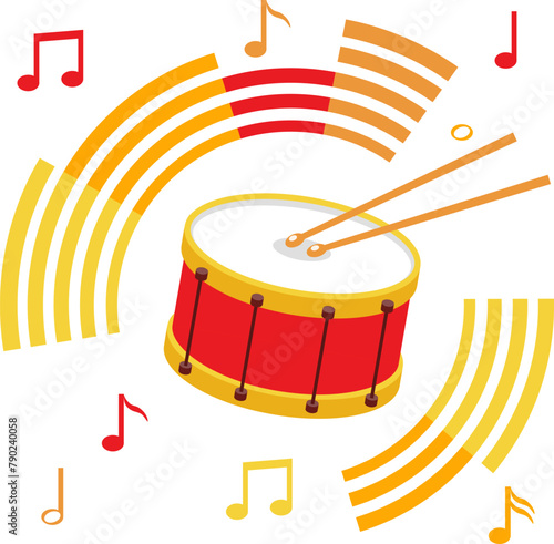 Drum, drum icon with notes isolated on white background. Vector, cartoon illustration.