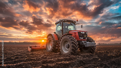 A red tractor is in a field with a beautiful sunset in the background photo