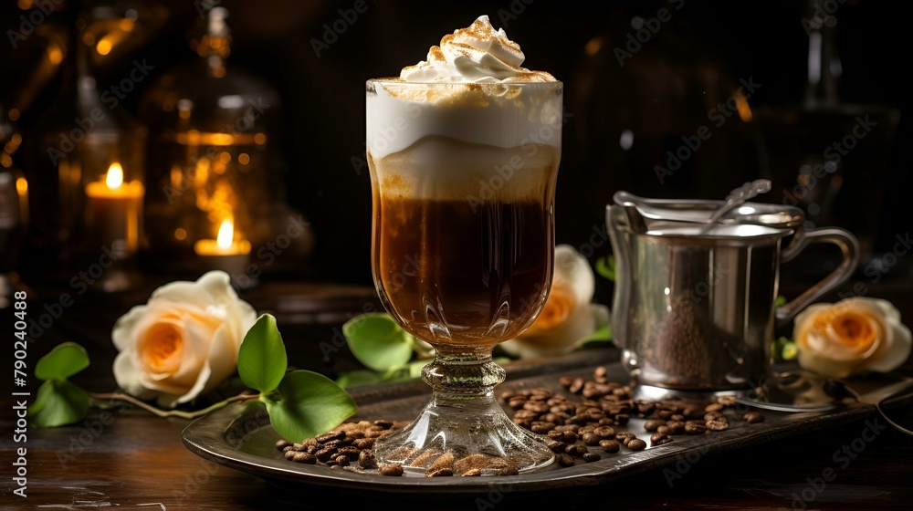 Irish coffee drink with whipped cream and rose on a tray. Vector art on transparent background Irish coffee drink with whipped cream and rose on a tray. Vector art on transparent background